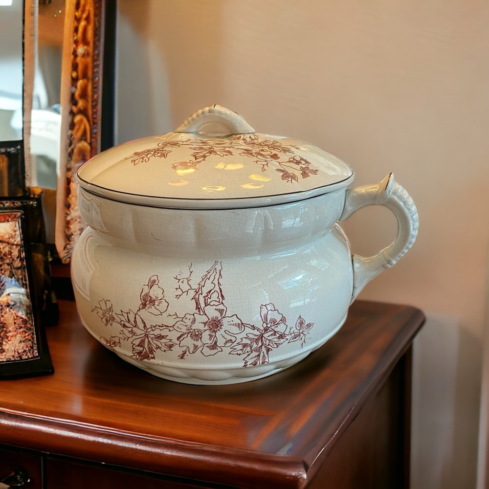 Antique Chamber Pot, transferware, cream and brown